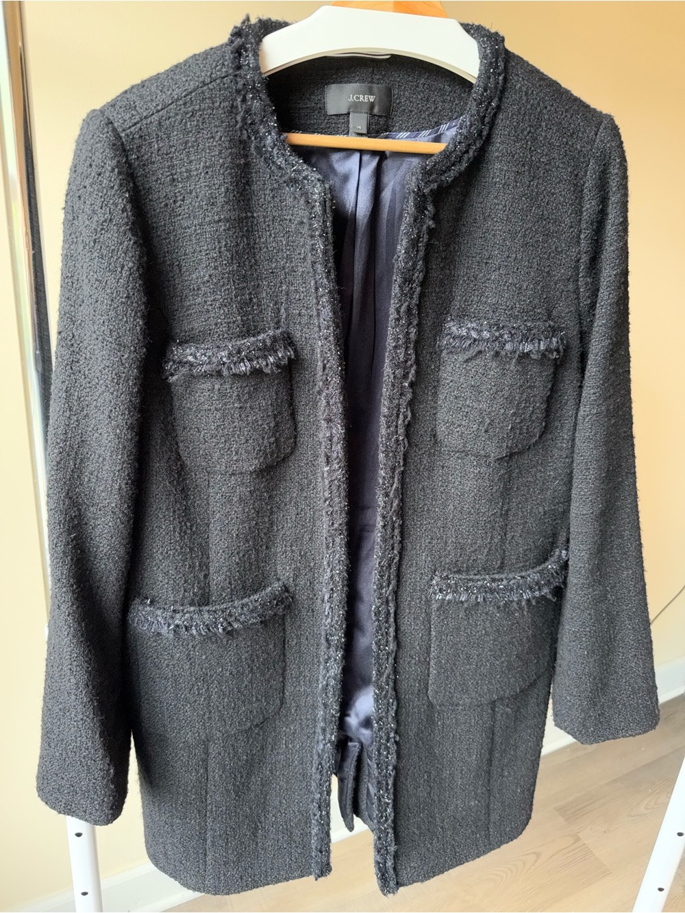 J. Crew Black Tweed Collarless Blazer Coat